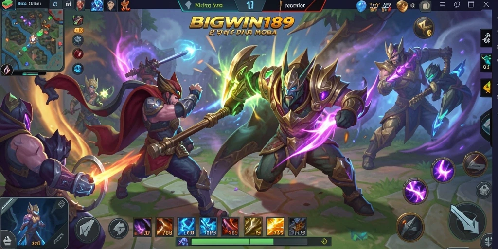 Screenshot utama menampilkan pertarungan seru dalam BIGWIN189 dengan karakter MOBA yang berbeda.