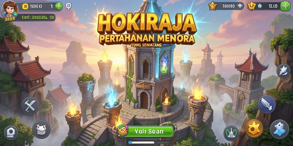 Tangkapan layar game HOKIRAJA menampilkan aksi menara bertahan yang seru.