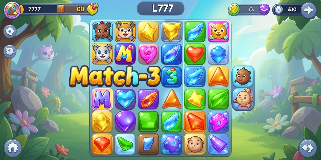 Tampilan gameplay L777 yang ceria dalam mode Match-3.