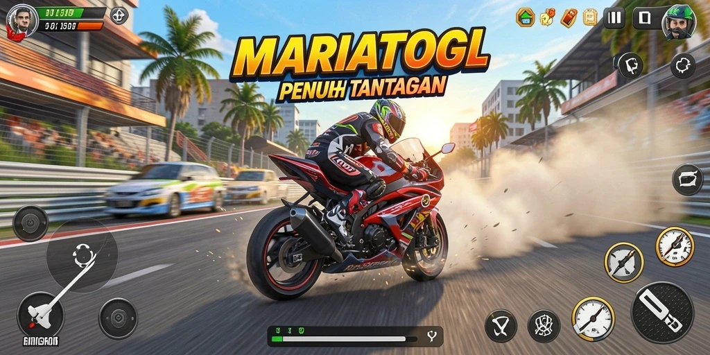 Gameplay MARIATOGL menampilkan aksi balapan motor yang seru dan mendebarkan.