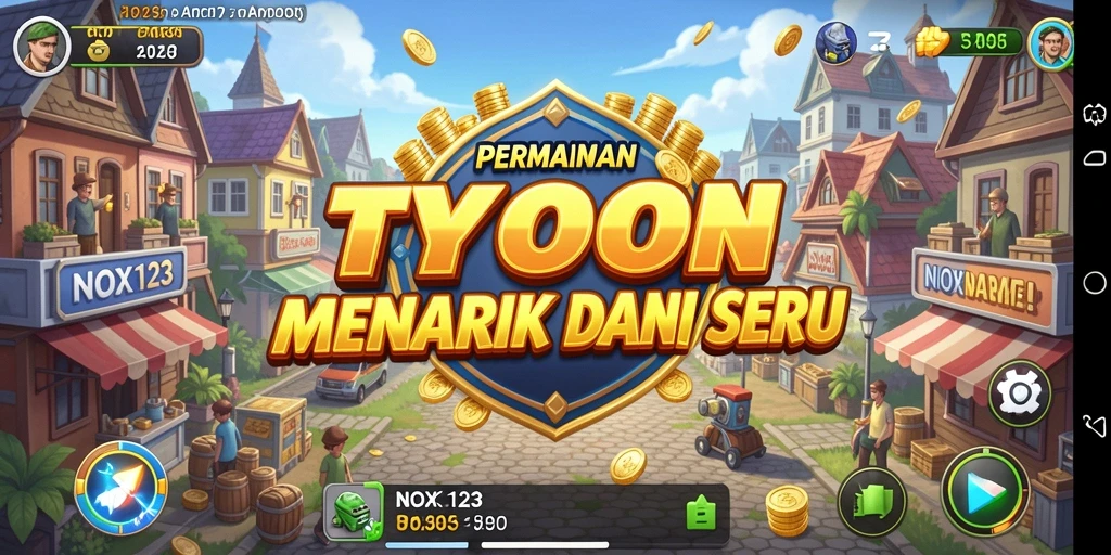 Tampilan gameplay <strong>NOX123</strong> dengan elemen manajemen bisnis yang menantang.